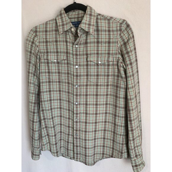 Ralph Lauren Women’s 6 Plaid Thick Flannel Top Green Snap Button Cabin Country - Picture 4 of 11